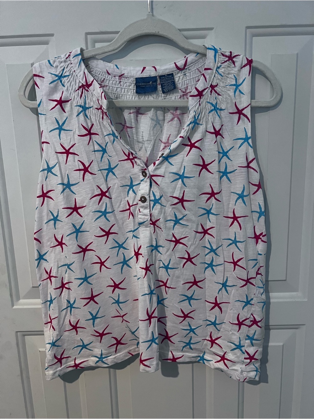 Caribbean Joe White Tank Top with Pink & Blue Starfish Print
